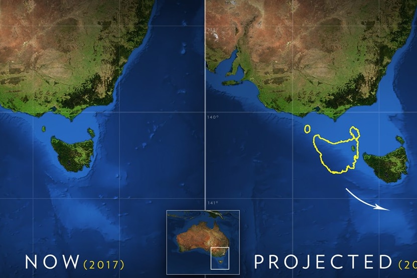 A mock map shows Tasmania drifting away from Australia
