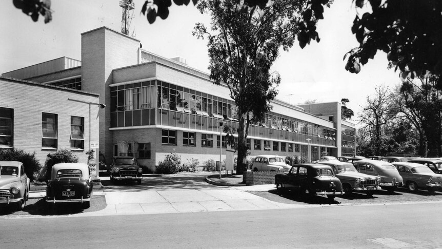 A black and white photo from 1961 of the exterior of the ABC's Ripponlea studios.