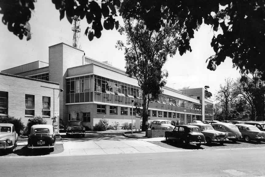 A black and white photo from 1961 of the exterior of the ABC's Ripponlea studios.