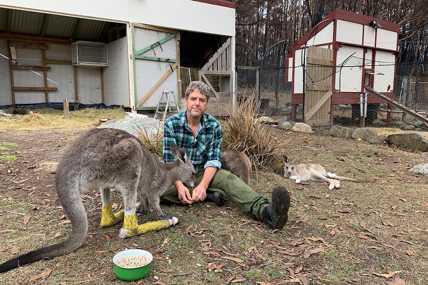 Peter Day at his sanctuary with wildlife treated for burn injuries caused by surrounding bushfires, February 2020