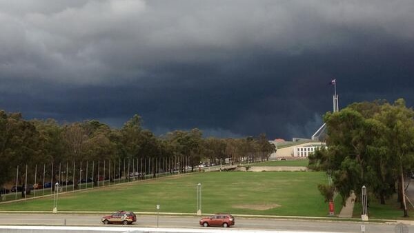 Parliament House as Canberra gets drenched by thunderstorms.