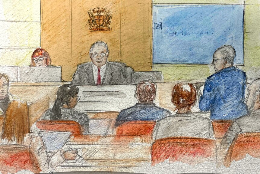 A man in a suit sits facing a courtroom in a sketch.