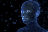 A close up image of a head made from glowing pixels.
