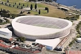 A proposed stadium design at Hobart's Macquarie Point, bordering the Hobart Cenotaph.