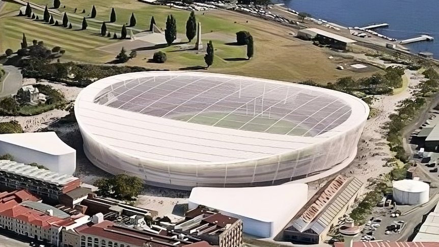 A proposed stadium design at Hobart's Macquarie Point, bordering the Hobart Cenotaph.