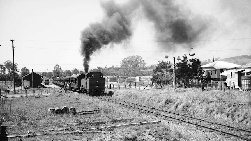 Black and white photo of old steam train