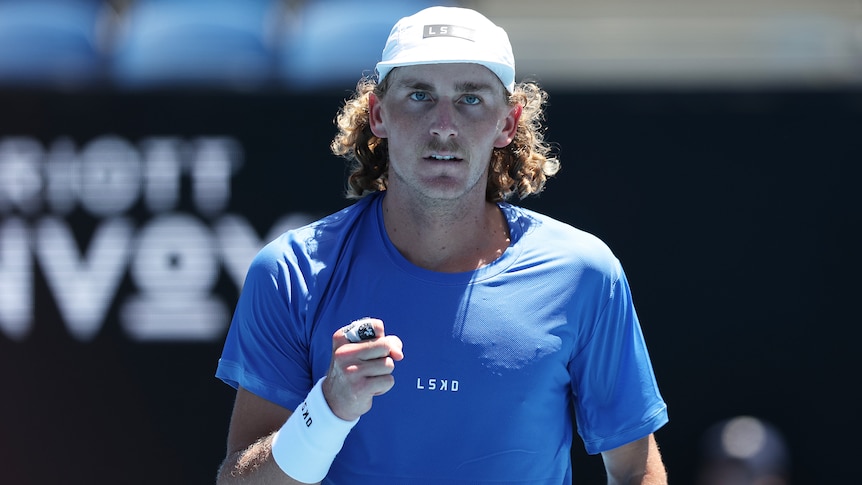 Max Purcell pumps his fist during a match at the 2024 Australian Open.