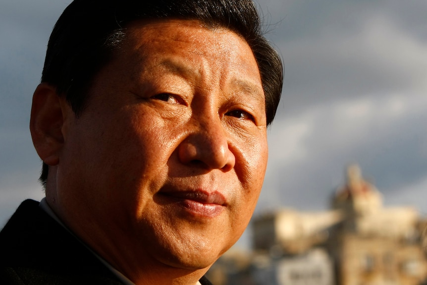 Primer plano del rostro de Xi Jinping.  el esta sonriendo un poco 
