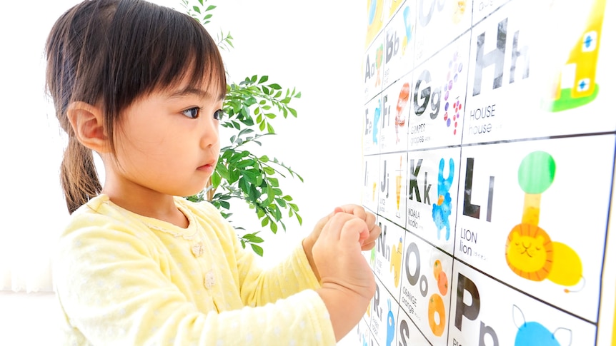 A young Asian girl is staring at an English letter chart with pictures of simple words on it.