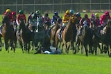 Horses racing on a green field in a large group, with two falling in the back of the pack.