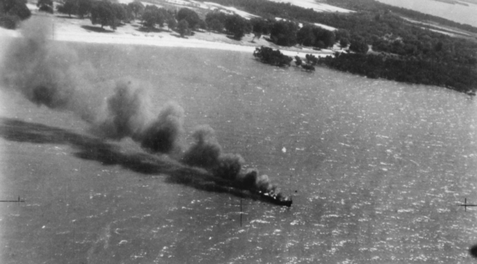 A ship hit by Japanese bombs during the raid on Milingimbi