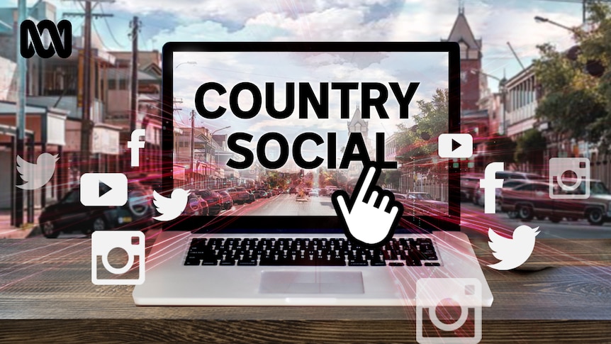 A graphic of a laptop in a country town street with social media logos and the title Country Social visible