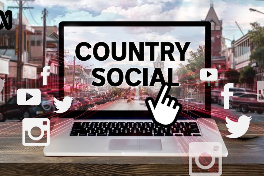 A graphic of a laptop in a country town street with social media logos and the title Country Social visible