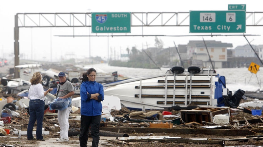 Debris on the I-45 highway at the entrance to Galveston