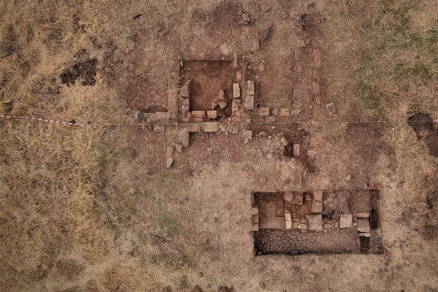 Aerial shot of archaeology dig site, former Picton Road Station in the Southern Midlands, Tasmania.
