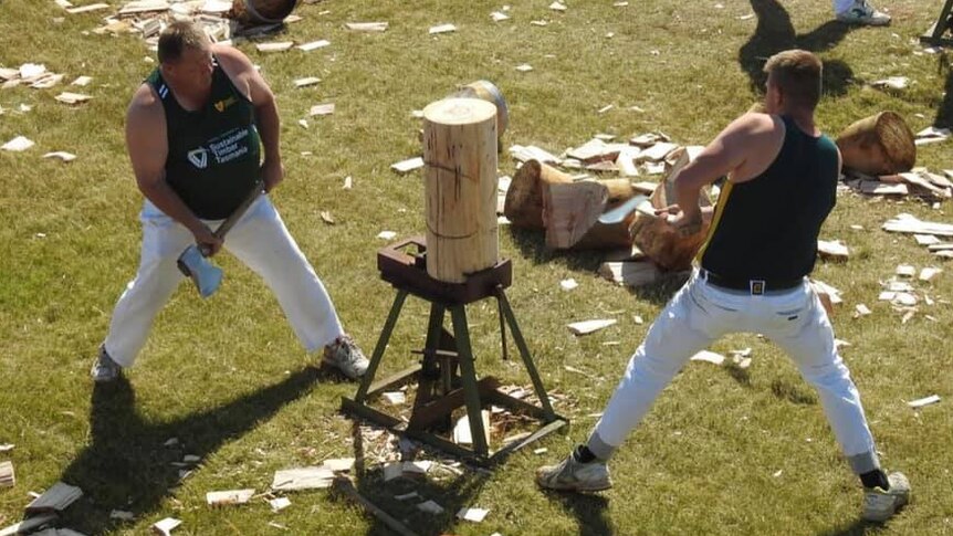 Men competition in a woodchopping competition.