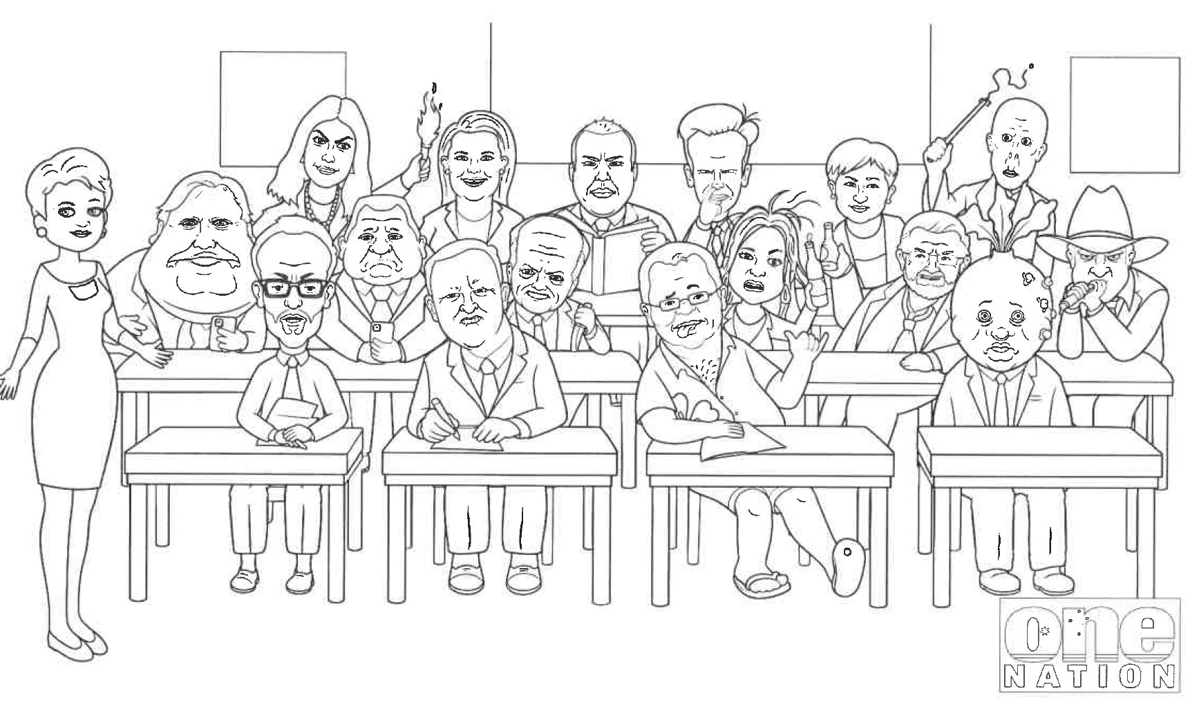 caricatures of politicians sitting in a classroom