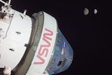 A NASA spacecraft in the atmosphere pictured above the Earth and moon. 
