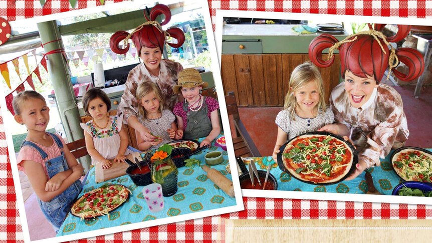 Two images of dirtgirl making pizza with children