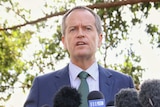 Opposition leader Bill Shorten talking to media at a party event in Campbelltown, NSW.