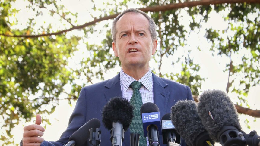 Opposition leader Bill Shorten talking to media at a party event in Campbelltown, NSW.