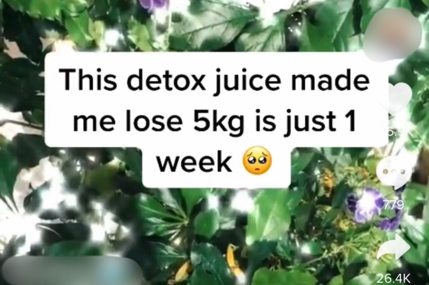 A caption reading 'this juice helped me lose five kilos in one week' on TikTok