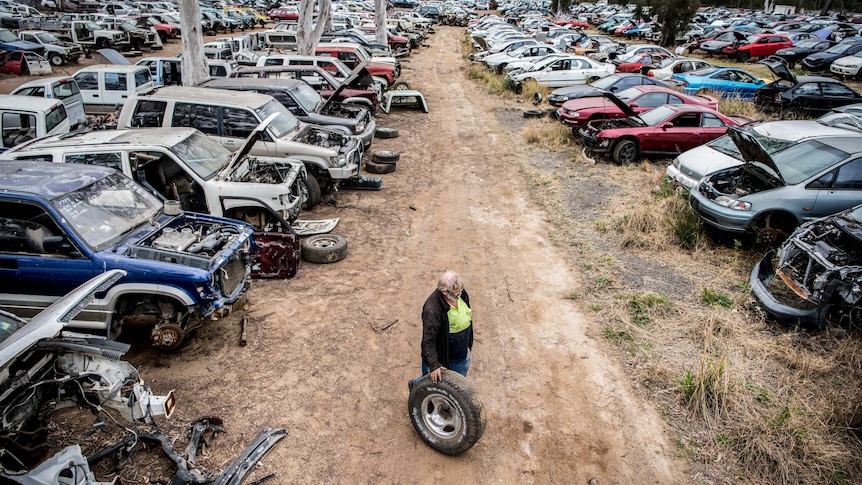 A man stands with a wheel surrounded by lines of cars in different states of disrepair at an auto wreckers.
