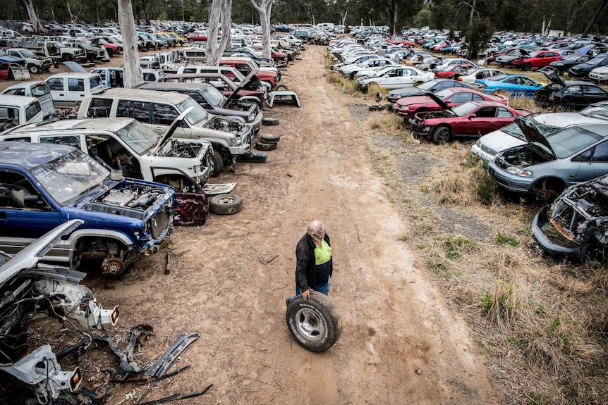 A man stands with a wheel surrounded by lines of cars in different states of disrepair at an auto wreckers.