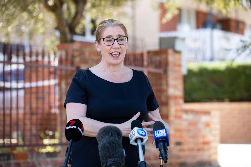 A woman in a black dress speaks in front of some microphones.