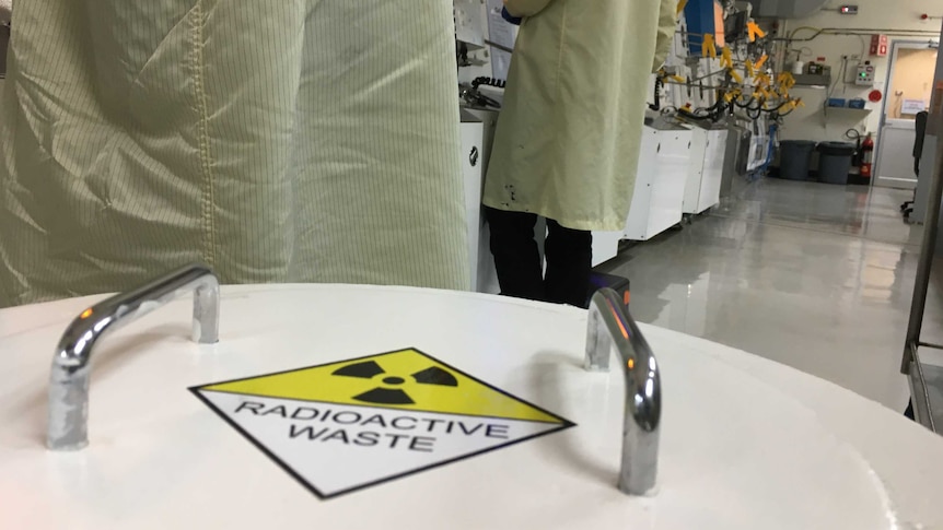 A radioactive sign on a waste bin at the ANSTO in Lucas Heights.