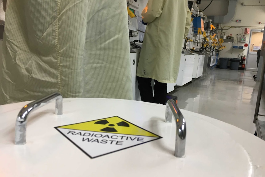 A radioactive sign on a waste bin at the ANSTO in Lucas Heights.