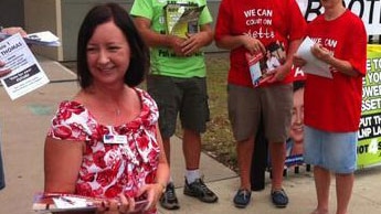 Labor's Yvette D'Ath outside a polling booth in the Redcliffe by-election