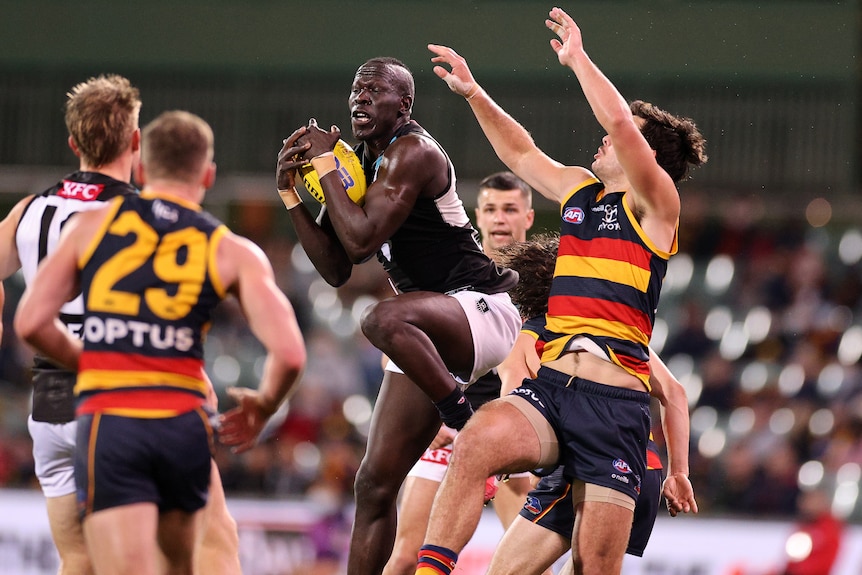 An AFL player jumps and takes a chest mark in a pack of players.