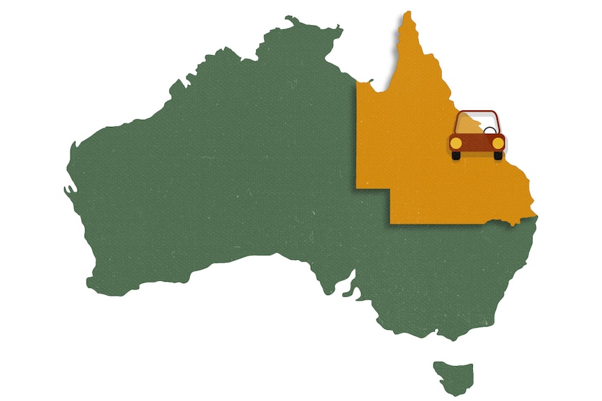 A graphic design of Australia, in green, with Queensland highlighted in yellow with a symbol of a car on it