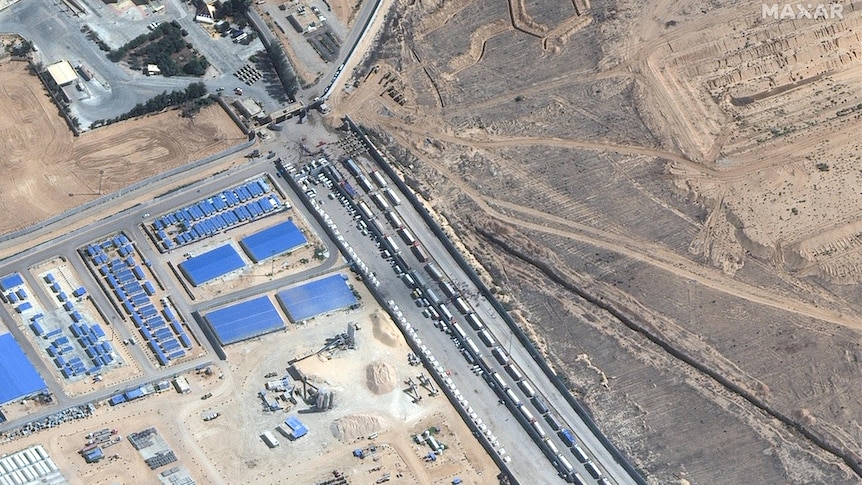 A satellite image shows an aerial view of the Rafah border crossing