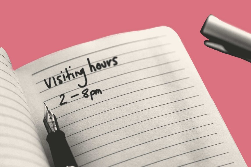 A notebook that reads 'visiting hours', to depict the act of visiting and supporting a dying loved one in hospital
