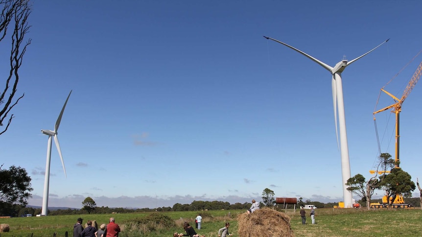 A group of people watch wind turbines being installed