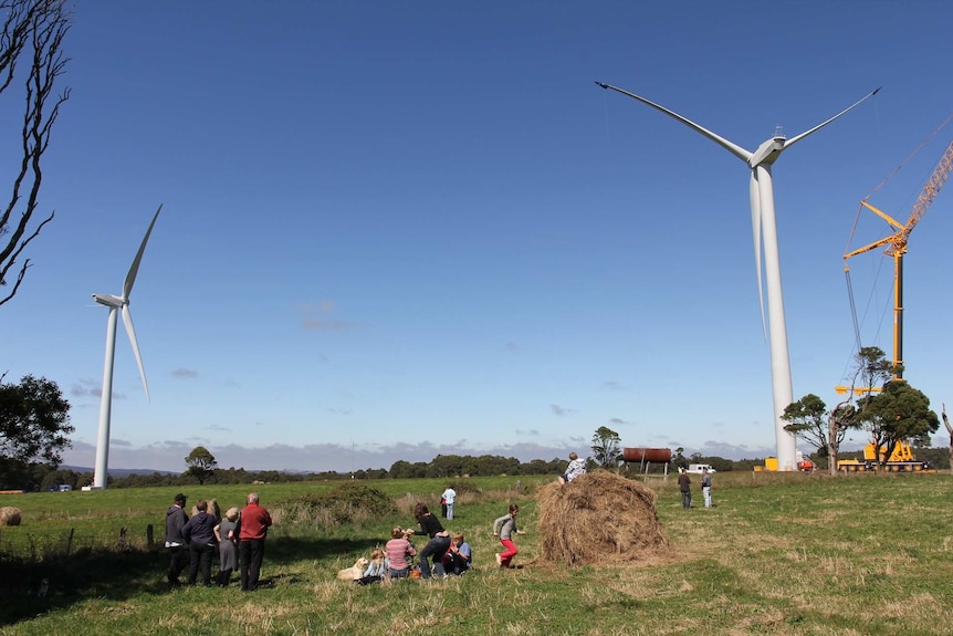 A group of people watch wind turbines being installed