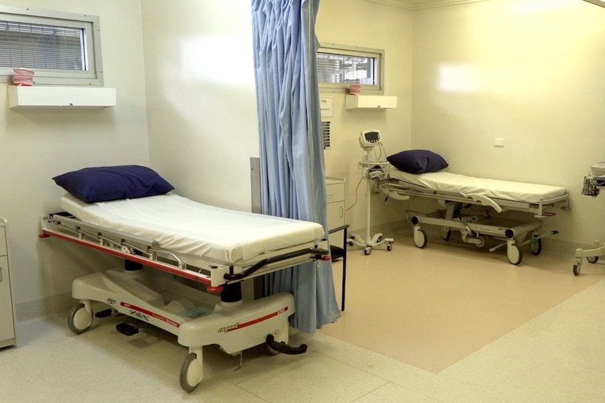Beds in what looks like a hospital room, divided by a curtain.