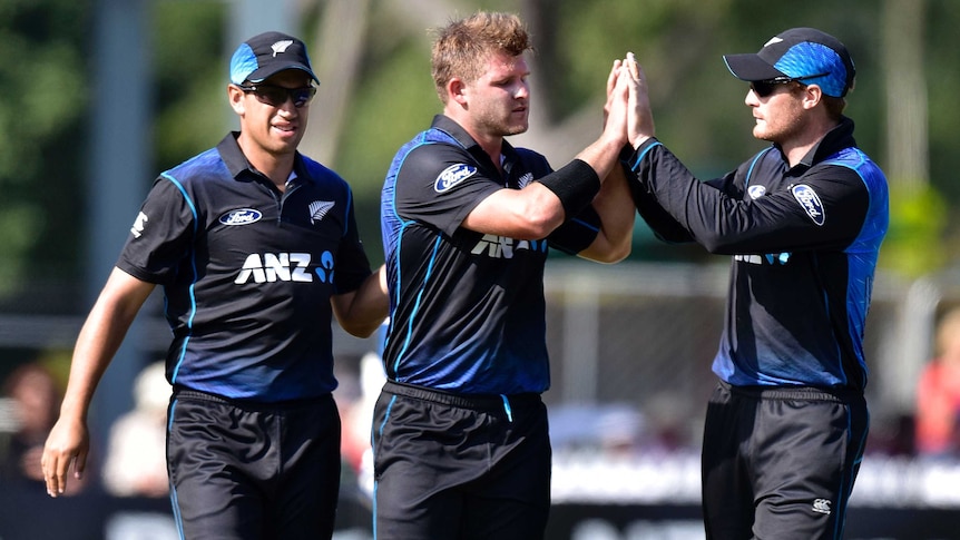 Corey Anderson celebrates a wicket for New Zealand
