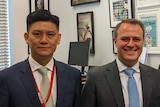 Four Hong Kong pro-democracy leaders pictured with Tim Wilson in an office at Parliament House.
