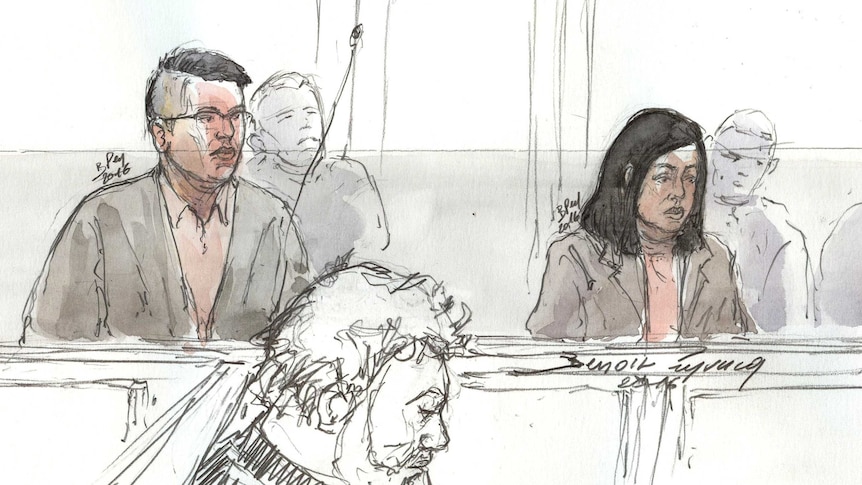 A court sketch shows a Chinese couple, identified as Hui Zhang and Te Lu, in court at their murder trial.