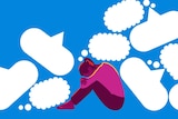 Illustration of a woman weighed down by empty speech bubbles and thought bubbles to depict recognising abusive relationships.