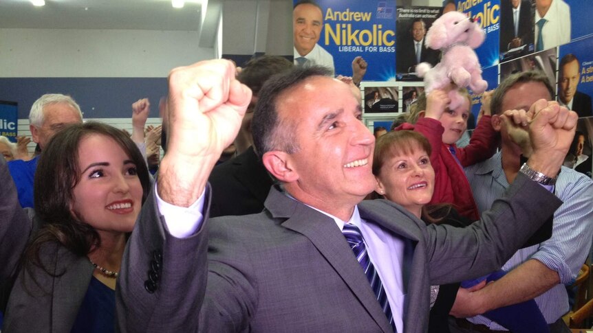 Andrew Nikolic celebrates victory in Bass at the 2013 Federal Election