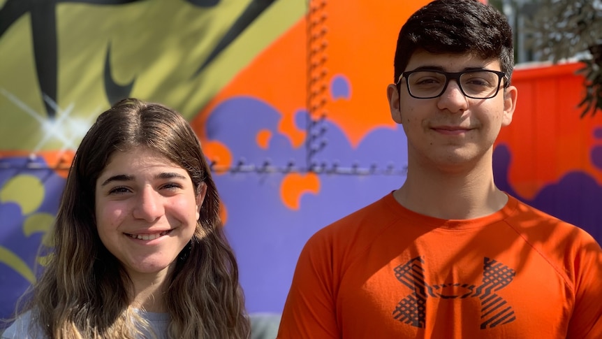 Two teenagers stand and smile at camera.