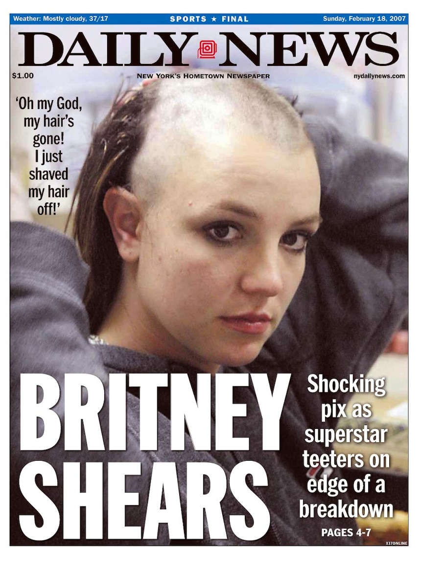 Britney Spears pictured shaving her head on the front of Daily News newspaper