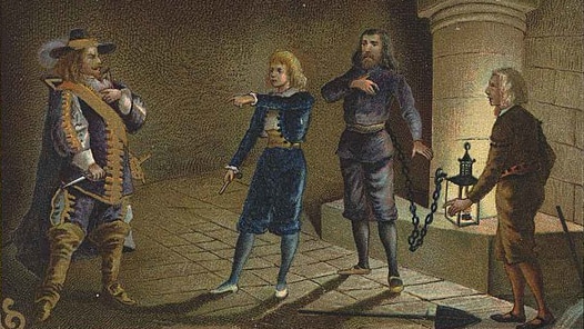 An illustration of a scene from Beethoven's opera Fidelio, featuring three men and a woman disguised as a boy in a dungeon.