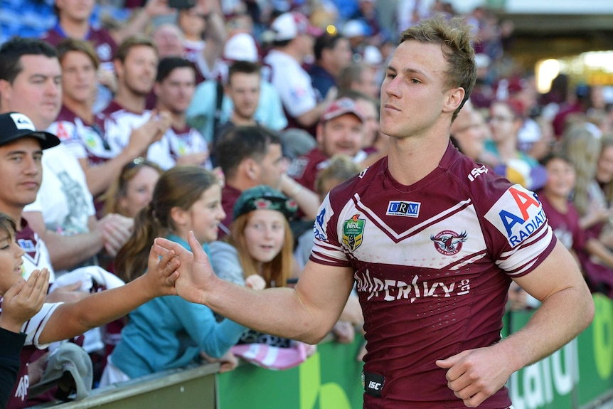 Manly's Daly Cherry-Evans thanks fans after the Sea Eagles win over the Titans in August 2014.