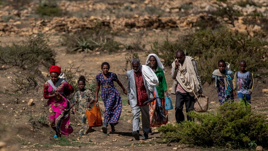 A group of people walk through scrub and desert. 
