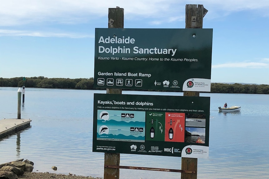 A sign warning about Adelaide's dolphin sanctuary.